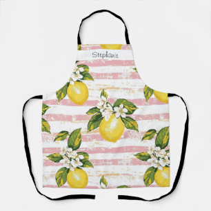 Vintage Lemons & Blooms on Pink and White Stripes Apron