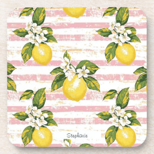 Vintage Lemons & Blooms on Pink and White Stripes Coaster