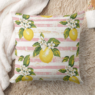 Vintage Lemons & Blooms on Pink and White Stripes Cushion