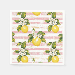 Vintage Lemons & Blooms on Pink and White Stripes Napkin