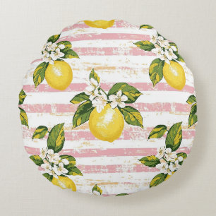 Vintage Lemons & Blooms on Pink and White Stripes Round Cushion