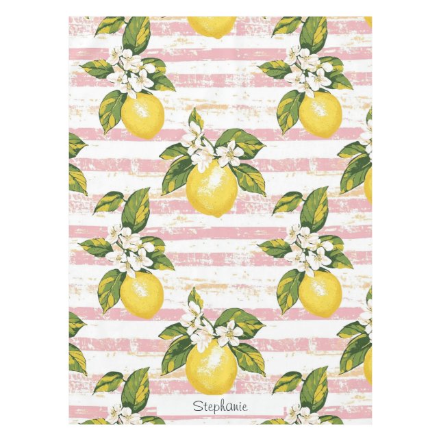 Vintage Lemons & Blooms on Pink and White Stripes Tablecloth (Front)