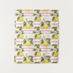 Vintage Lemons & Blooms on Pink and White Stripes Tapestry