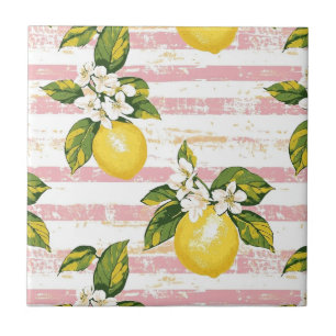 Vintage Lemons & Blooms on Pink and White Stripes Tile