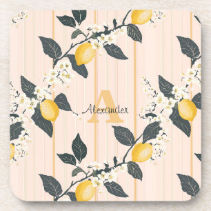 Vintage Lemons & Blooms on Pink Stripes Coaster