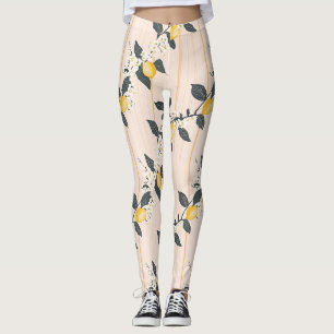 Vintage Lemons & Blooms on Pink Stripes Leggings