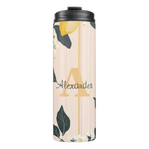 Vintage Lemons & Blooms on Pink Stripes Thermal Tumbler