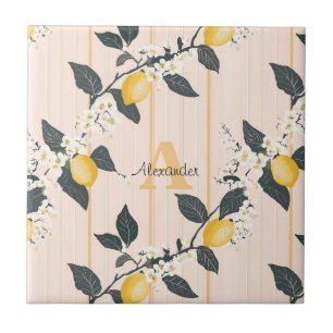 Vintage Lemons & Blooms on Pink Stripes Tile