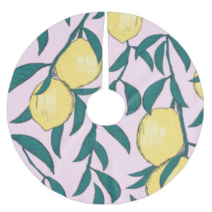 Vintage Lemons: Hand-Drawn Watercolor Pattern. Brushed Polyester Tree Skirt