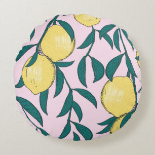 Vintage Lemons: Hand-Drawn Watercolor Pattern. Round Cushion