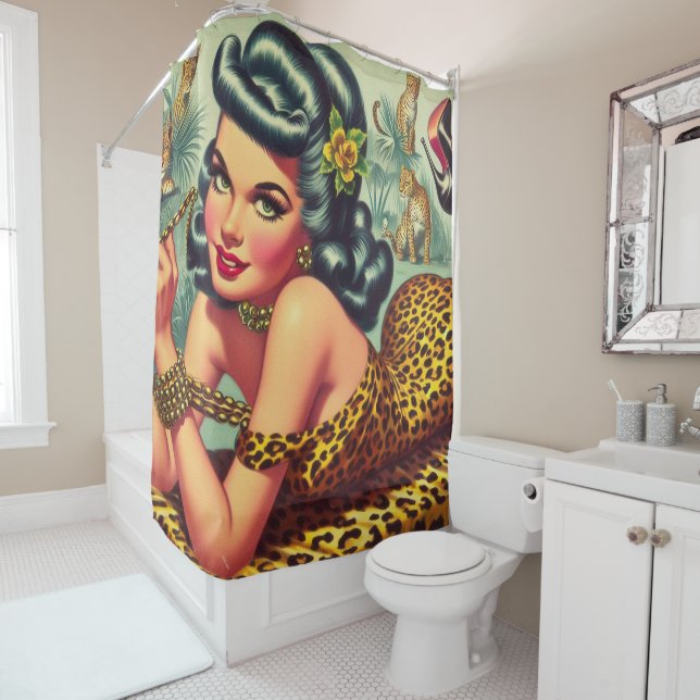 Vintage Leopar Print Pin Up Shower Curtain (In Situ)