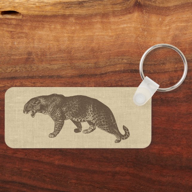 Vintage Leopard Illustration on Burlap  Magnet Key Ring (Front)