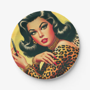 Vintage Leopard Print Girl Paper Plate