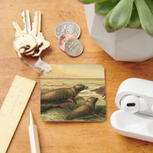 Vintage Leopard Seals by the Ocean, Wild Animals Key Ring