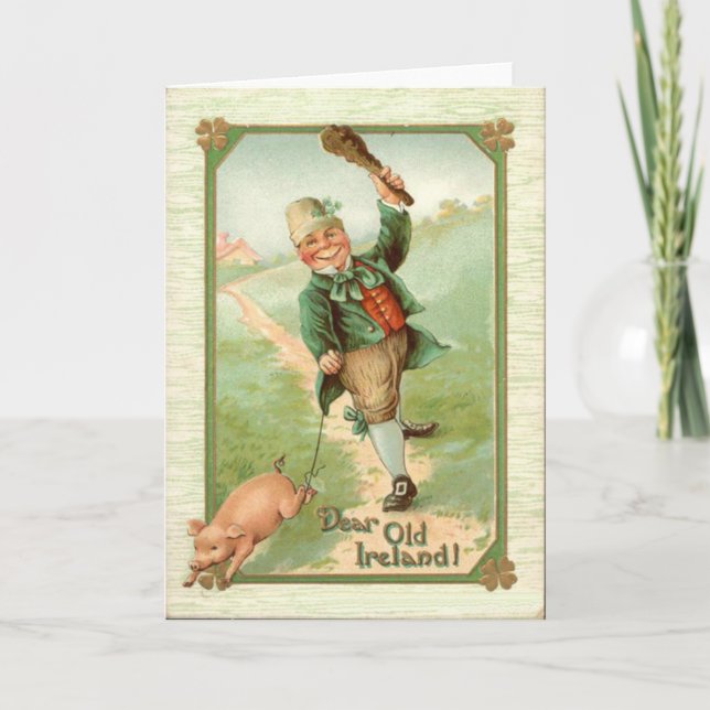 Vintage Leprechaun Pig Shillelagh St Patrick's Day Card (Front)