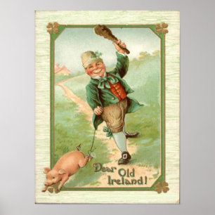Vintage Leprechaun Pig Shillelagh St Patrick's Day Poster