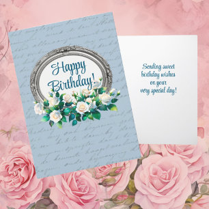 Vintage Letter Roses Blue Personalised Birthday  Thank You Card