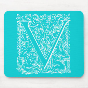 Vintage Letter V Monogram Aqua Teal Neon Blue "V" Mouse Mat