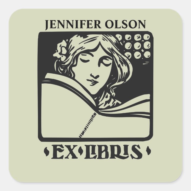 Vintage letterpress deco bookplate ex-libris square sticker (Front)