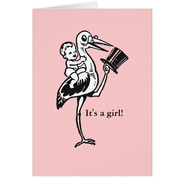 Vintage letterpress stork girl birth announcement (Front)