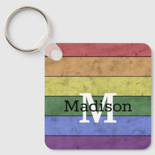 Vintage LGBT flag pride distresed rainbow Monogram Key Ring
