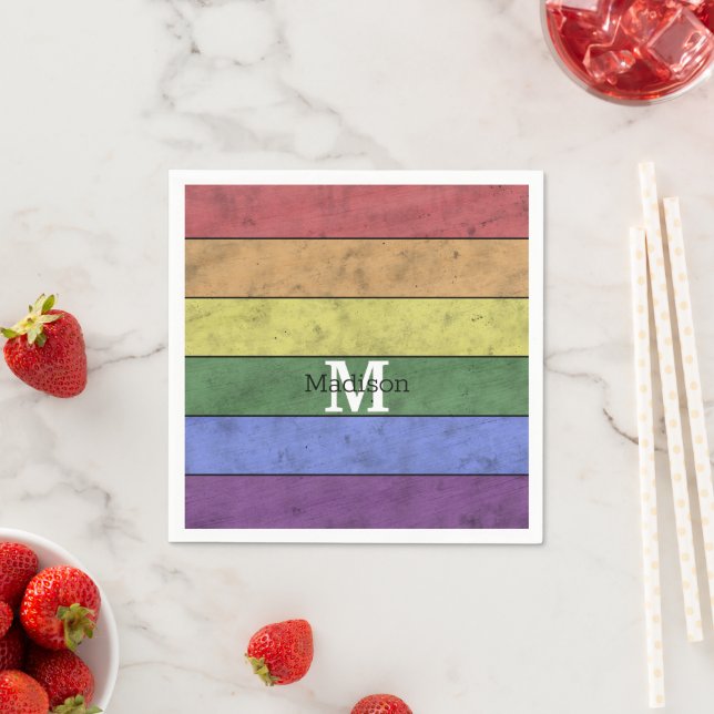Vintage LGBT flag pride distresed rainbow Monogram Napkin (Insitu)