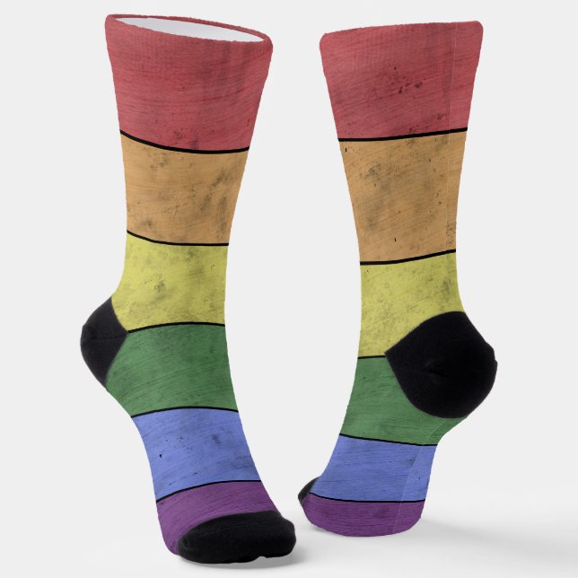 Vintage LGBT flag pride distressed Rainbow wood Socks (Angled)