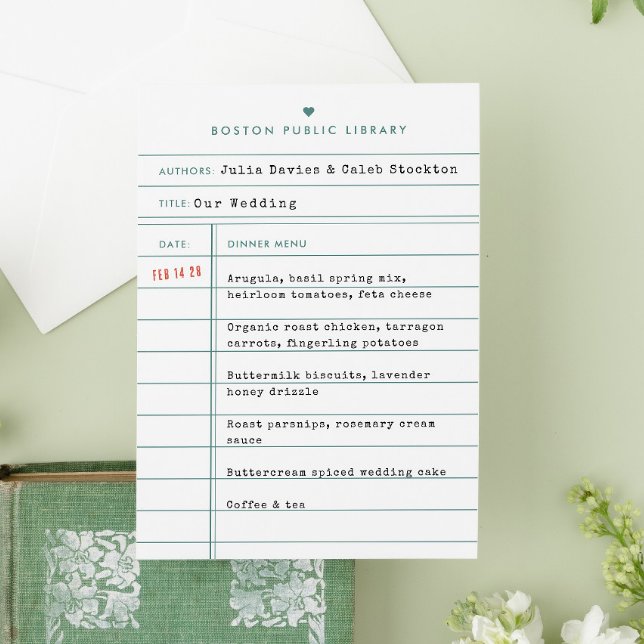 Vintage Library Book Check Out Card Wedding Menu (Creator Uploaded)