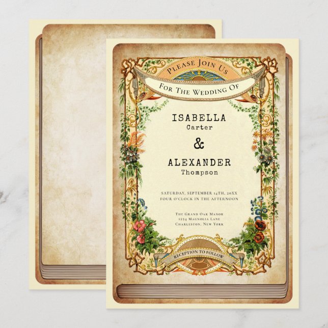 Vintage Library Book Cover Storybook Garden Invitation (Front/Back)