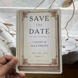 Vintage Library Book Elegant Scrollwork Fairytale Save The Date