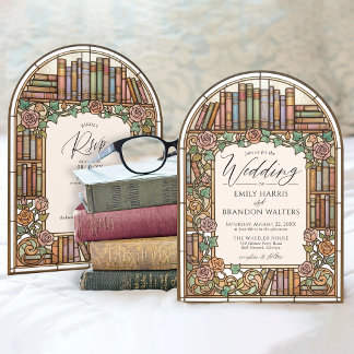 Vintage Library Books Stained Glass Arch Wedding Invitation