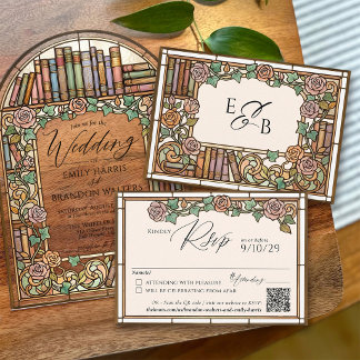 Vintage Library Books Stained Glass Wedding QR RSVP Card