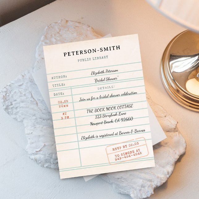 Vintage Library Card Book Lover Ecru Bridal Shower (book lover bridal shower invitation library card vintage bookworm literary librarian chic script)