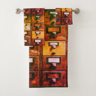 Vintage library card catalogue wood cabinet bath towel set