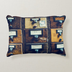 Vintage library card catalogue wood cabinet decorative cushion