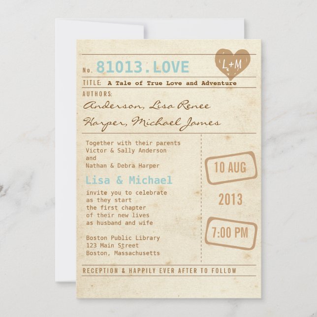Vintage Library Card Wedding Invitation (Front)
