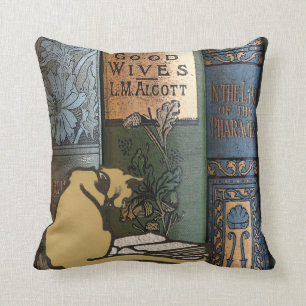 Vintage Library Cat Reading Book Art Cushion