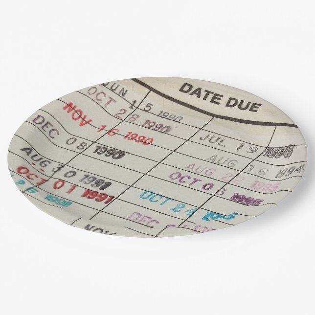 Vintage Library Due Date Cards Paper Plate (Angled)