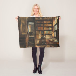 Vintage Library Painting, Moody Tones, Bookish Fleece Blanket