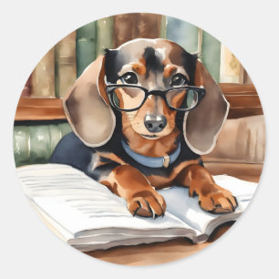 Vintage Library Watercolor Dachshund Classic Round Sticker