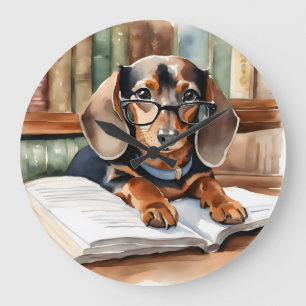 Vintage Library Watercolor Dachshund Large Clock