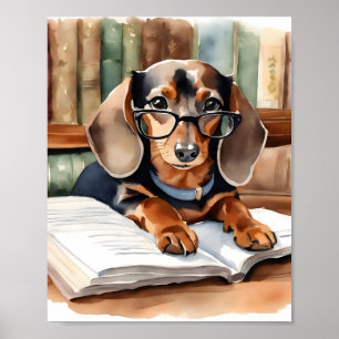 Vintage Library Watercolor Dachshund Poster