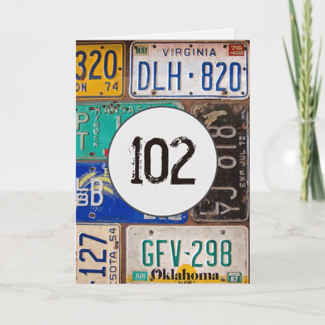 Vintage License Plates for 102nd Birthday      Card (Front)