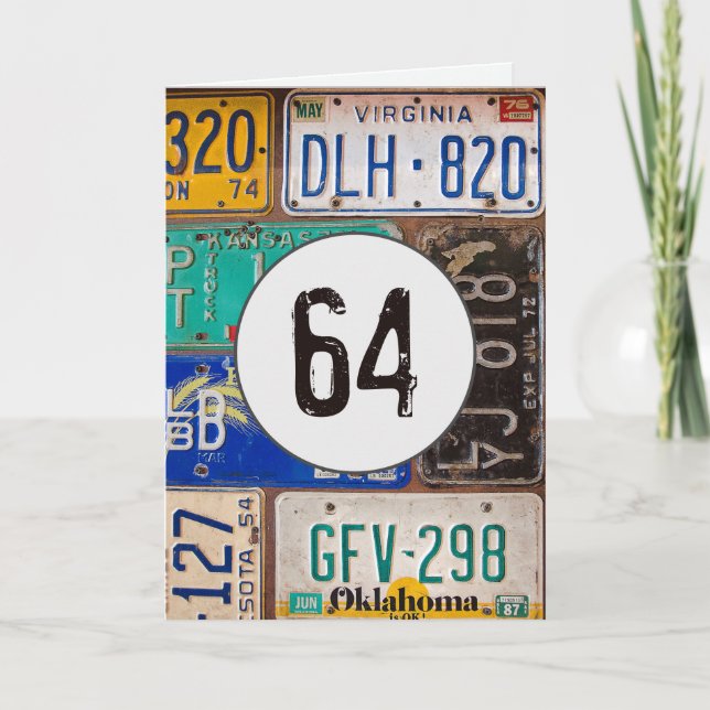 Vintage License Plates for 64th Birthday Card (Front)