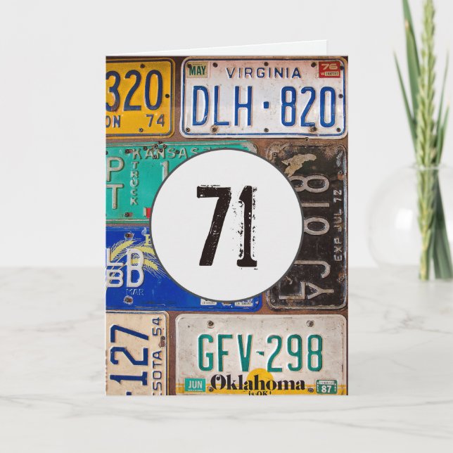 Vintage License Plates for 71st Birthday Card (Front)
