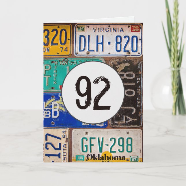 Vintage License Plates for 92nd Birthday  Card (Front)