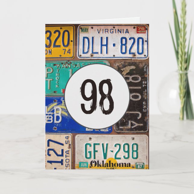 Vintage License Plates for 98th Birthday Card (Front)