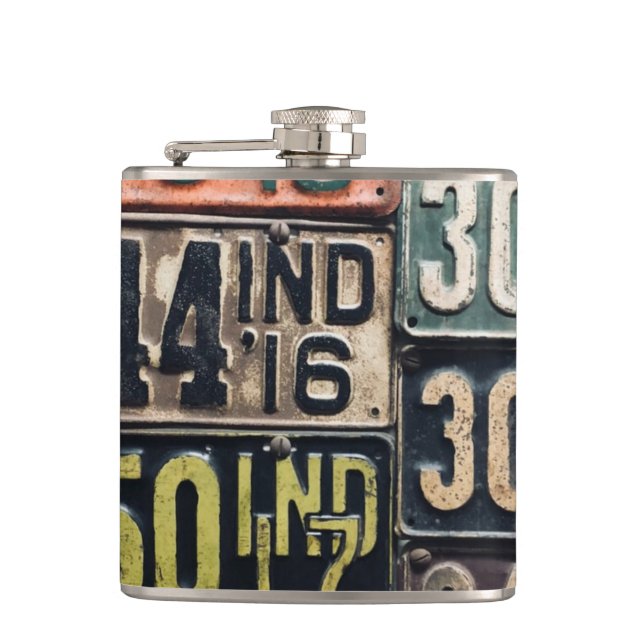 Vintage License Plates Hip Flask (Front)