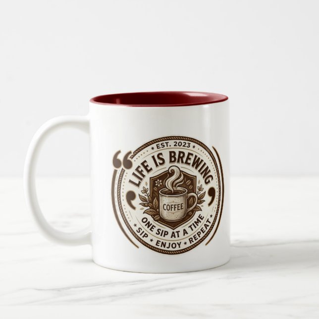 Vintage "Life Is Brewing"  Two-Tone Coffee Mug (Left)