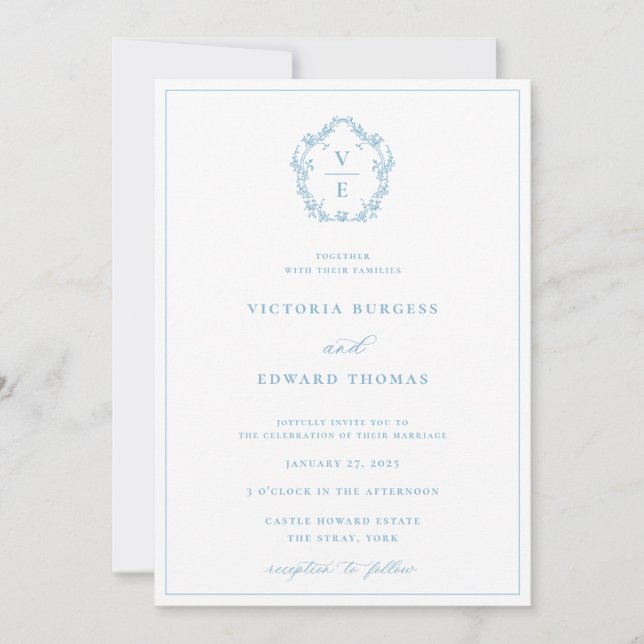 Vintage Light Blue Crest Monogram Wedding Invitation (Front)